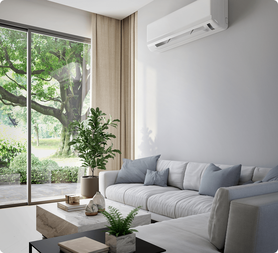 Modern living room with large window view.